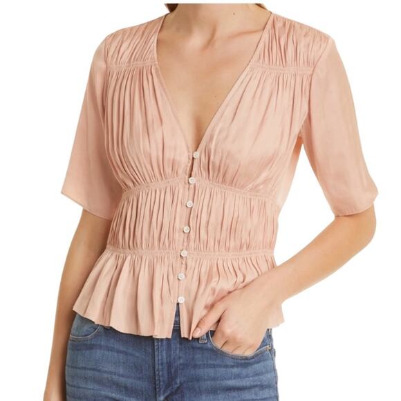 NEW FRAME Shirred Short Sleeve Pink Satin V-Neck Blouse SMALL in Pink Clay - Picture 1 of 8